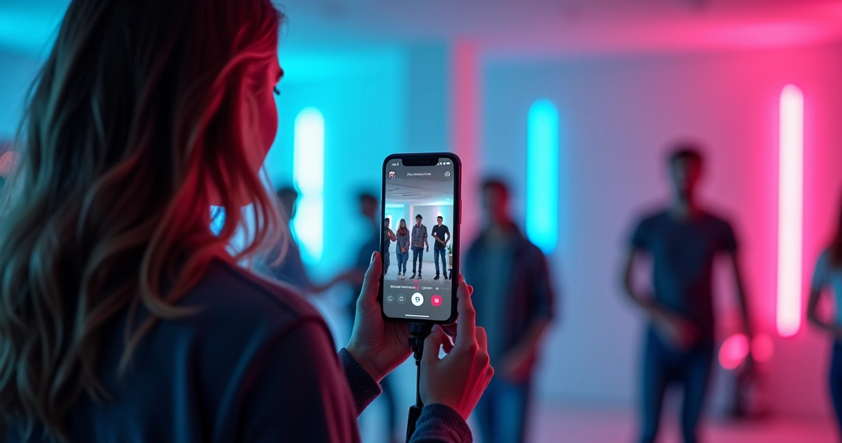 Pessoa gravando vídeo curto para TikTok com luzes e celular 