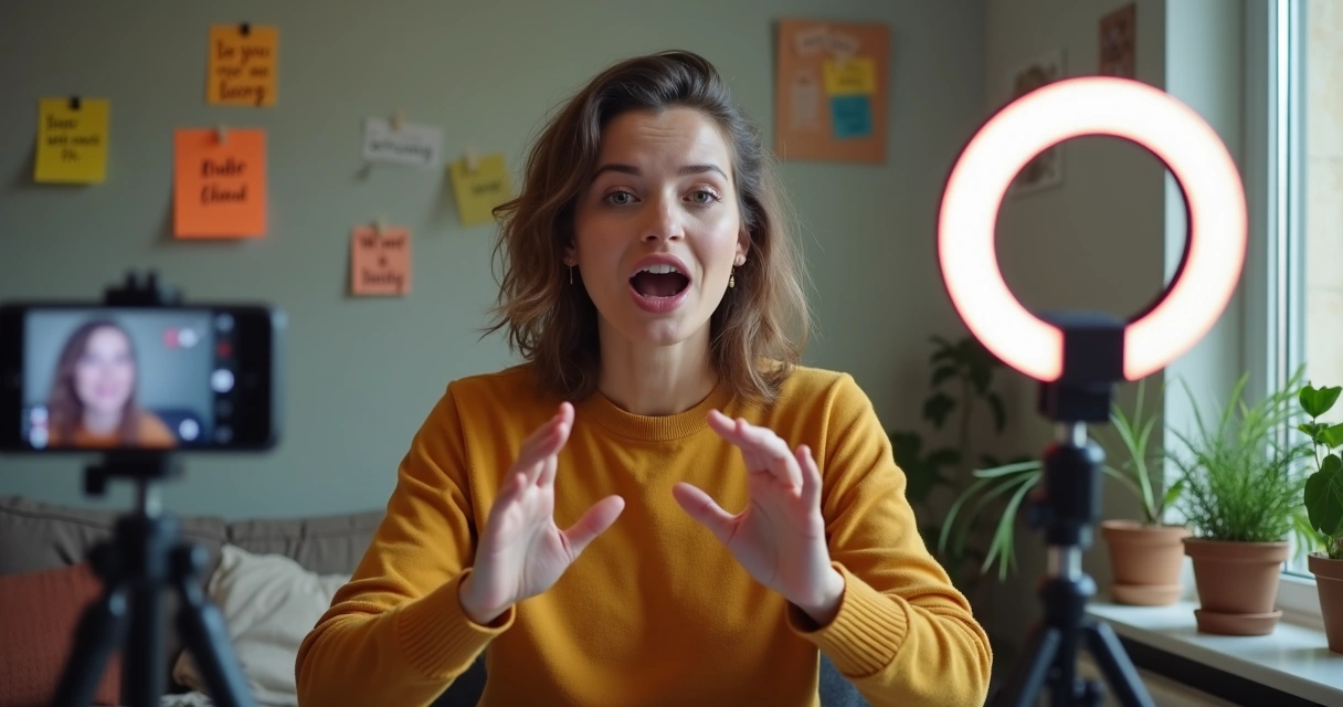 Mulher gravando vídeo para o TikTok em casa, com celular e anel de luz 