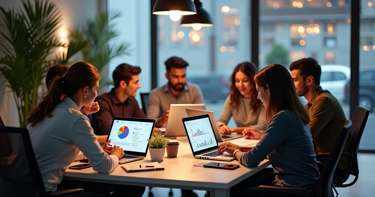 Criadores digitais discutindo parcerias em ambiente de trabalho moderno com laptops e anotações 