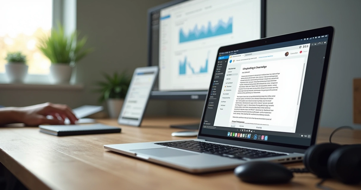 Pessoa configurando blog em notebook com painel de edição aberto 