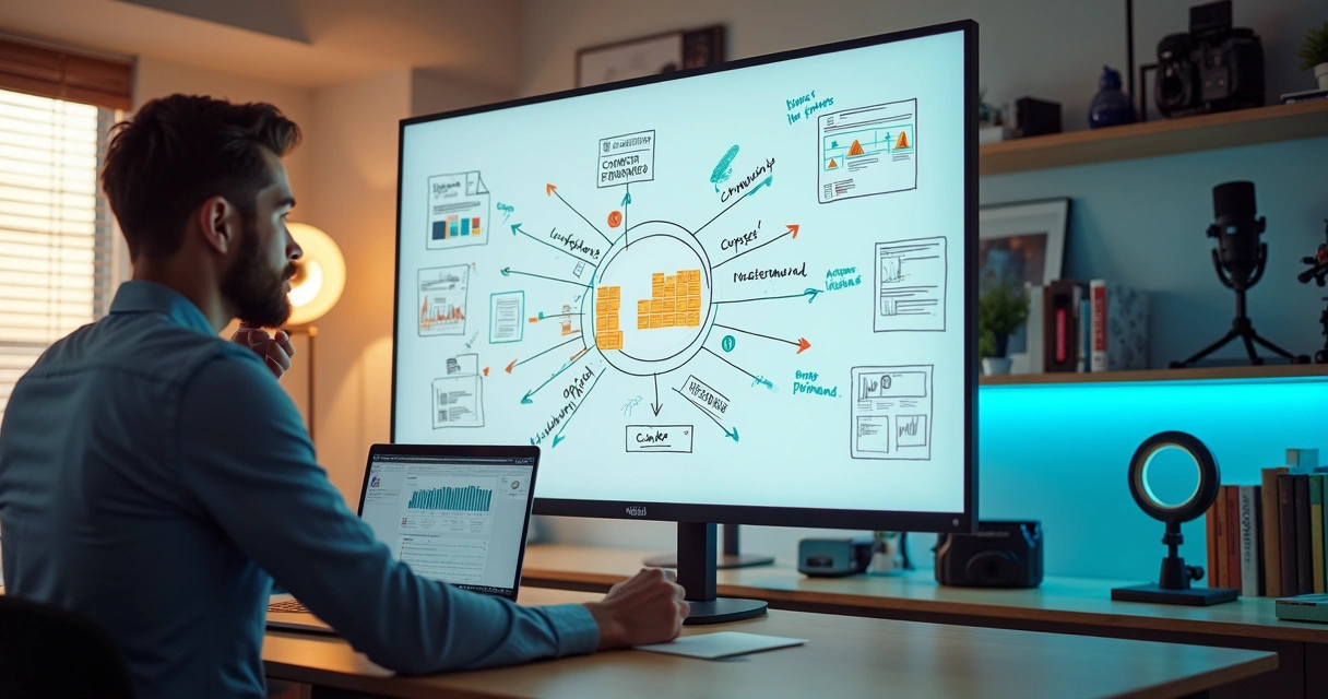 Criador digital em estúdio caseiro organizando estrategia de crescimento em parede com funis e produtos 
