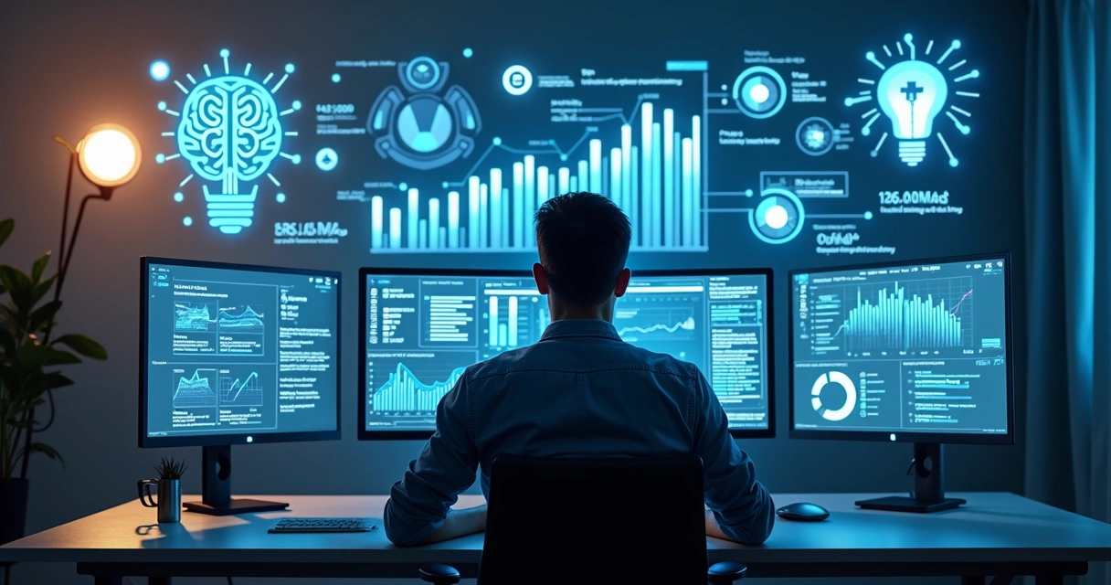 Pessoa trabalhando no computador com gráficos e ícones de inteligência artificial ao fundo 