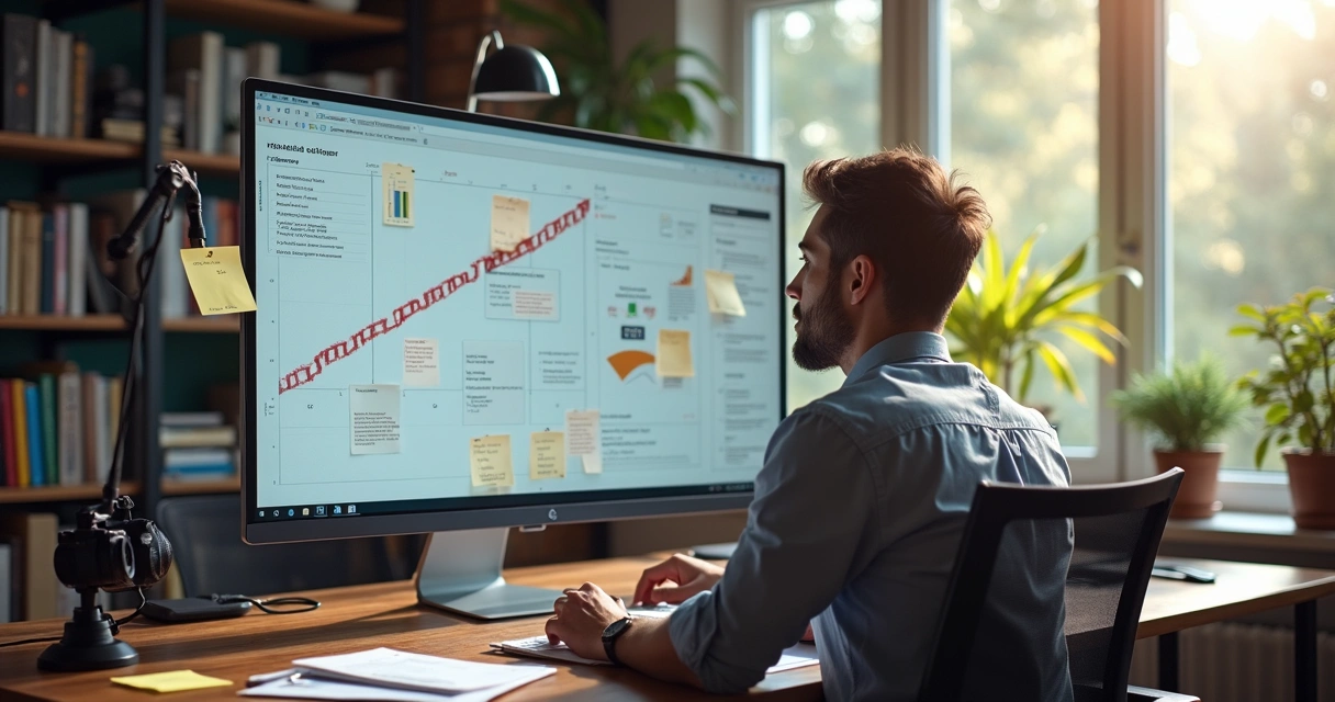 Empreendedor digital analisando fluxo de receita e diferentes produtos digitais na tela do notebook 