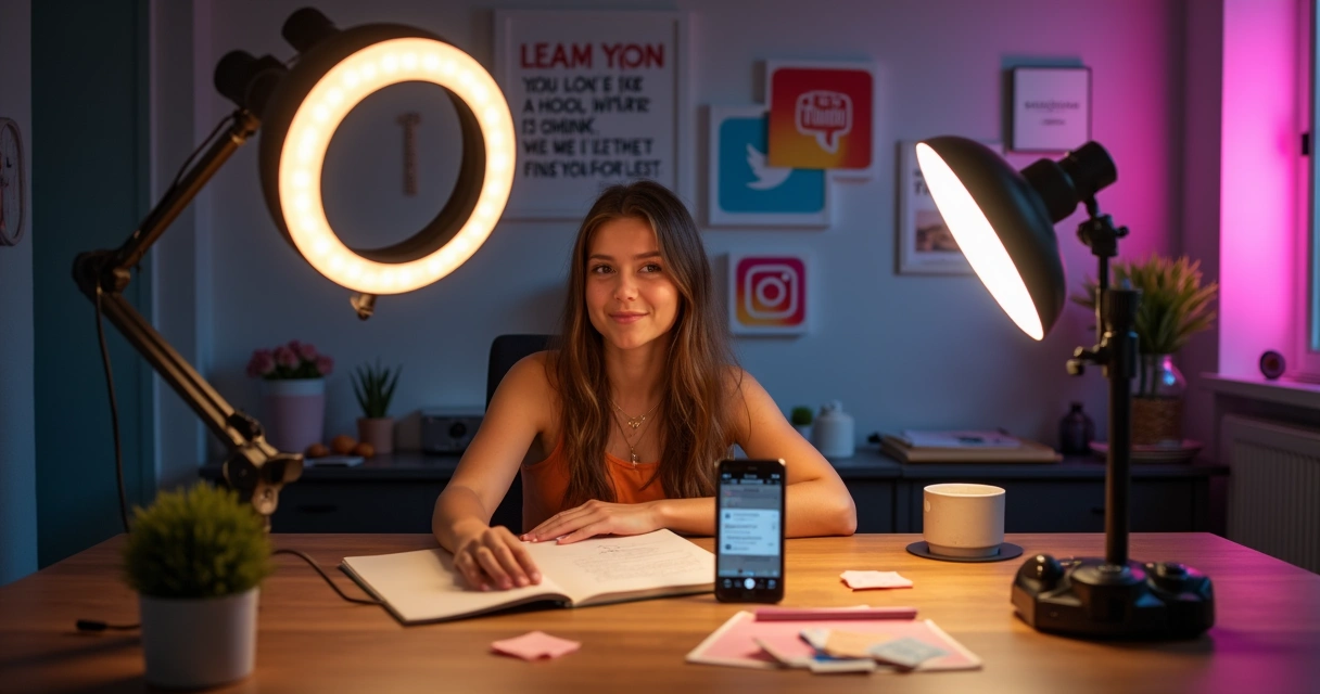 Pessoa criando conteúdo com câmera e notebook, e elementos de redes sociais ao redor 