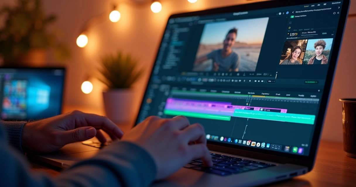 Pessoa editando vídeo em notebook com timeline na tela, ambiente iluminado, notebooks e luzes de fundo 