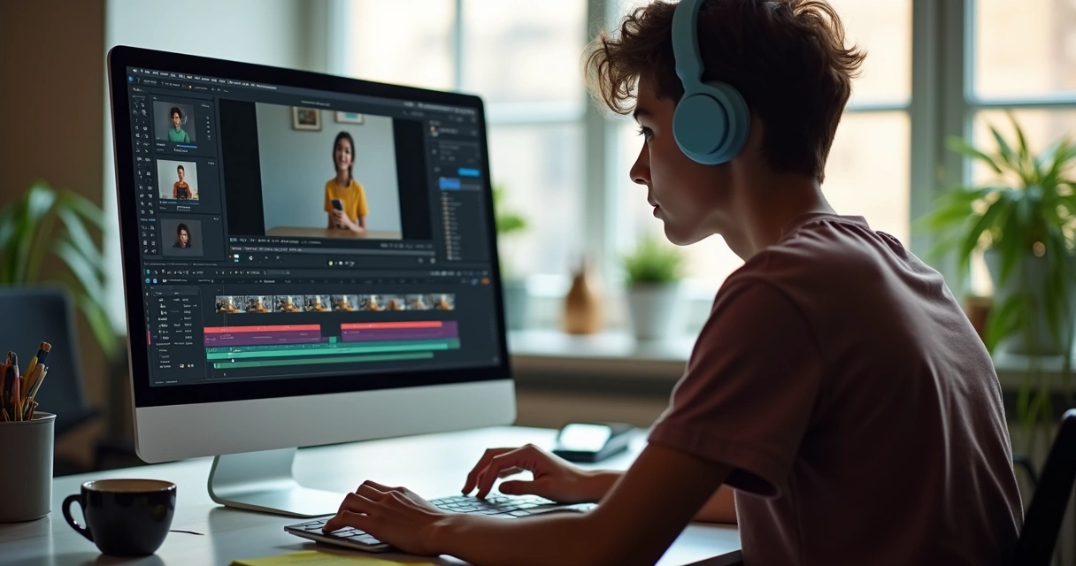 Person at a modern workstation editing video on an AI platform 