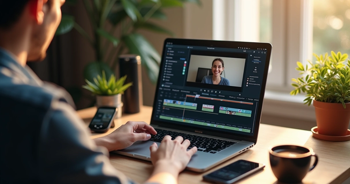 Content creator editing short clips on laptop 