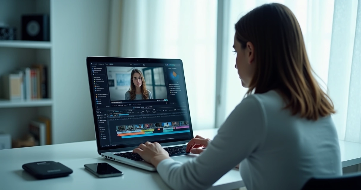 Person using artificial intelligence to edit video with subtitles. 