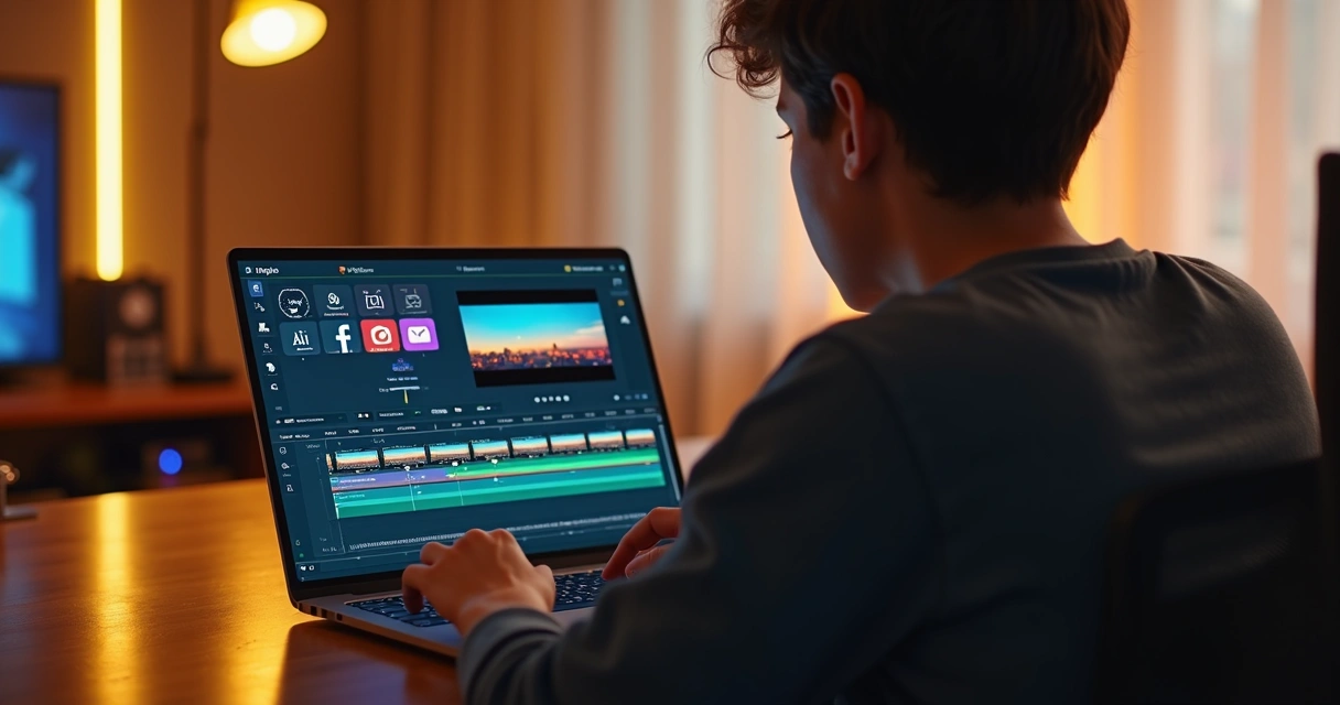Pessoa usando notebook para editar vídeo com legendas coloridas 