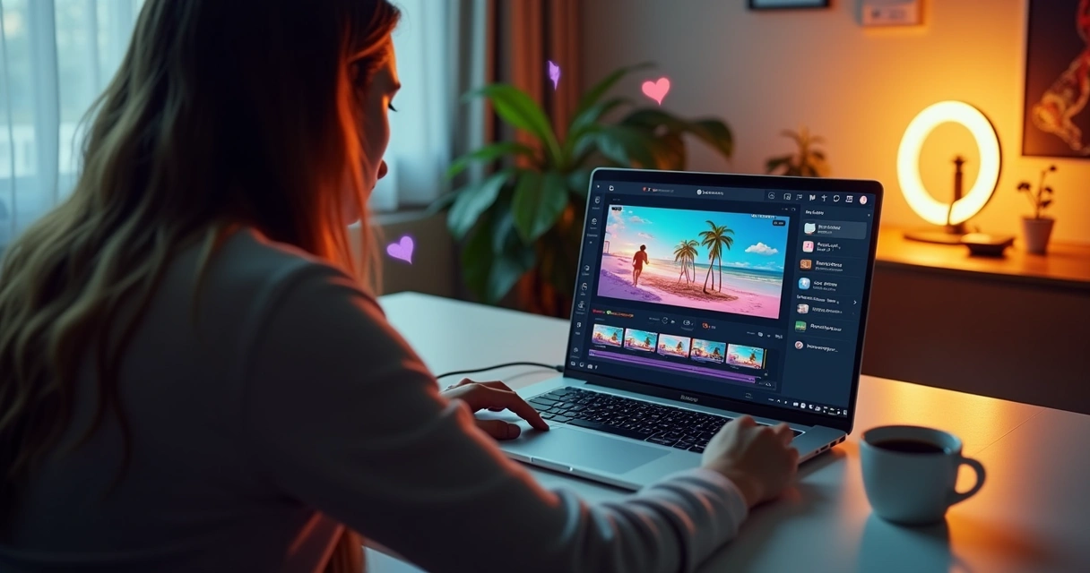 Content creator using VDClip on laptop to edit clips 