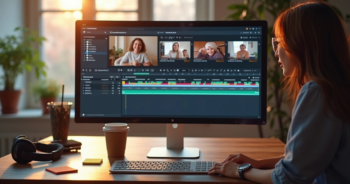 Criador de conteúdo editando cortes de vídeo no computador 