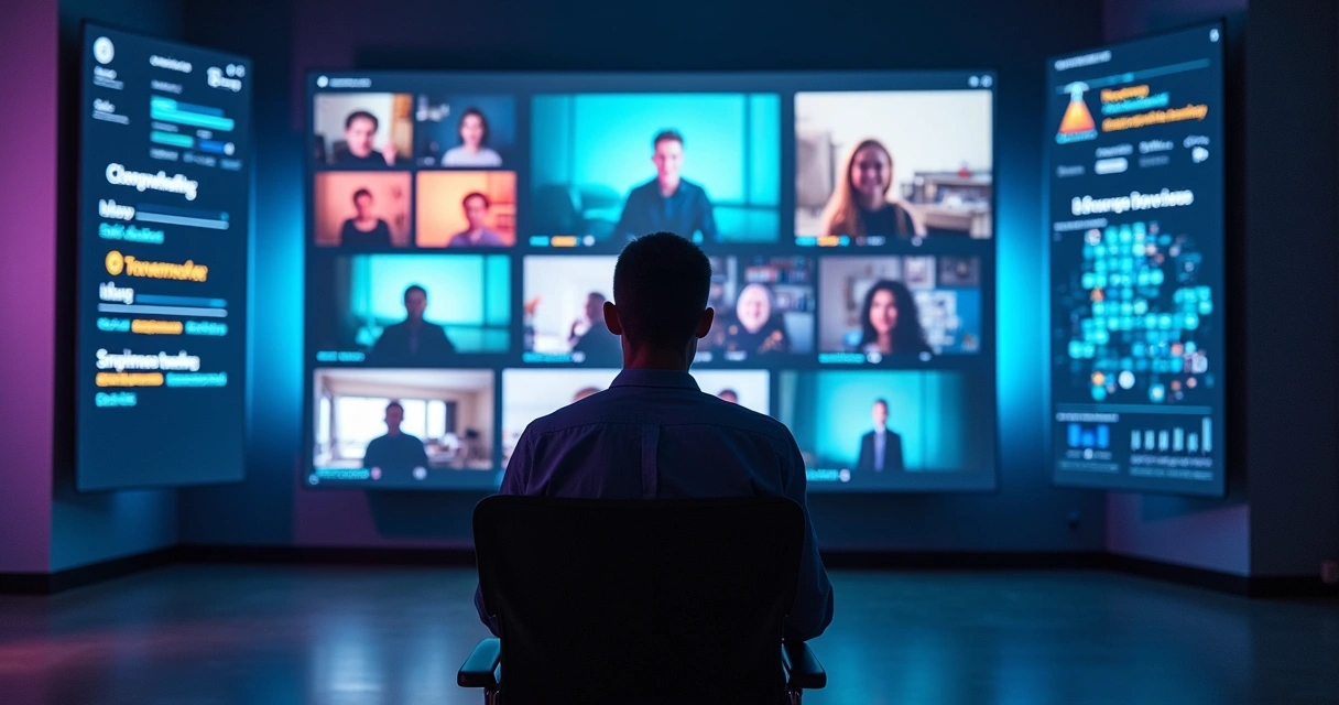 Criador digital editando vídeo com interface de IA ao fundo 