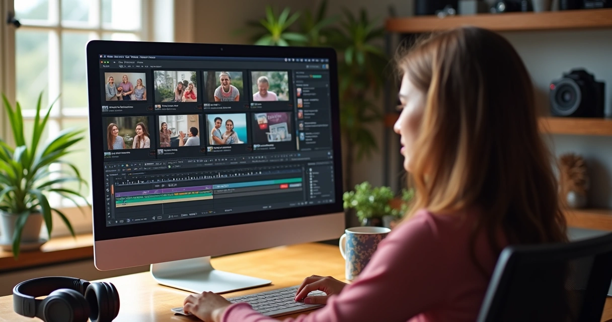 Pessoa editando cortes de vídeo em computador com interface de redes sociais ao fundo