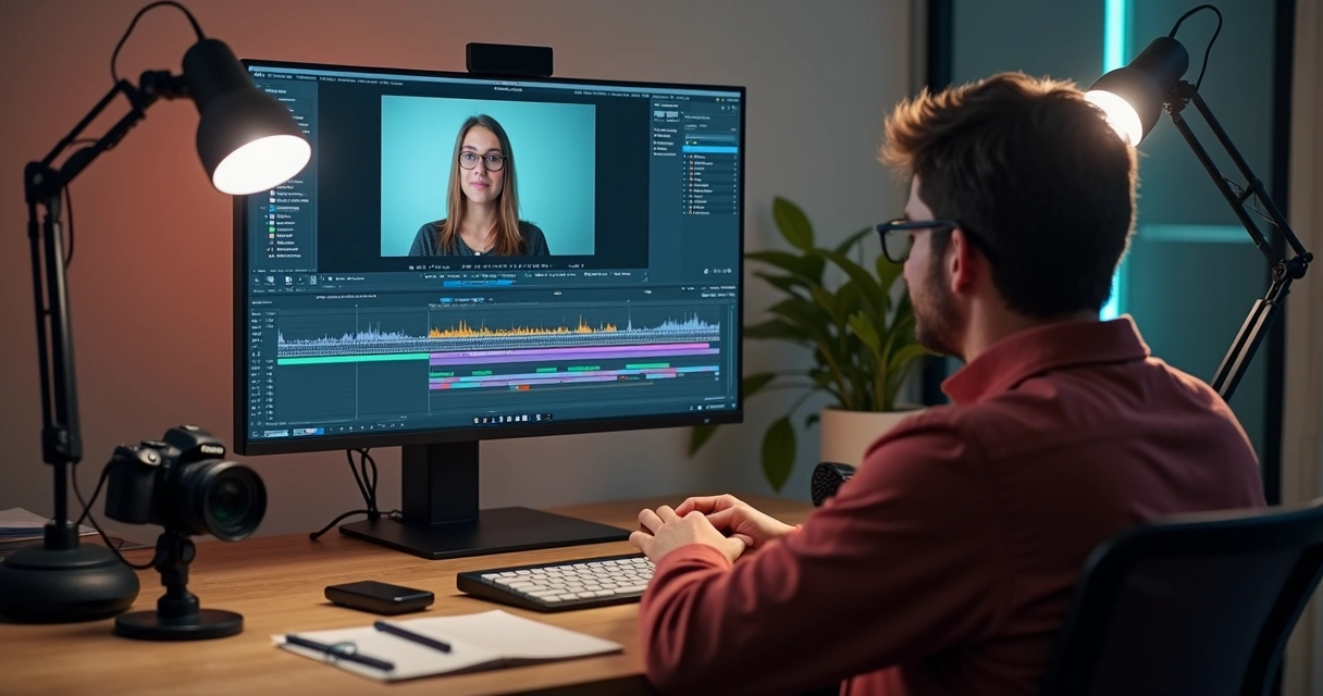Content creator editing a short video in a home studio