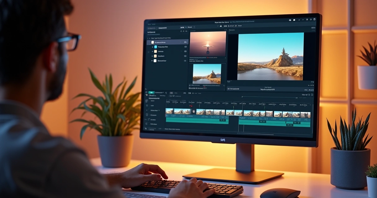 Person editing video on computer with intuitive interface.