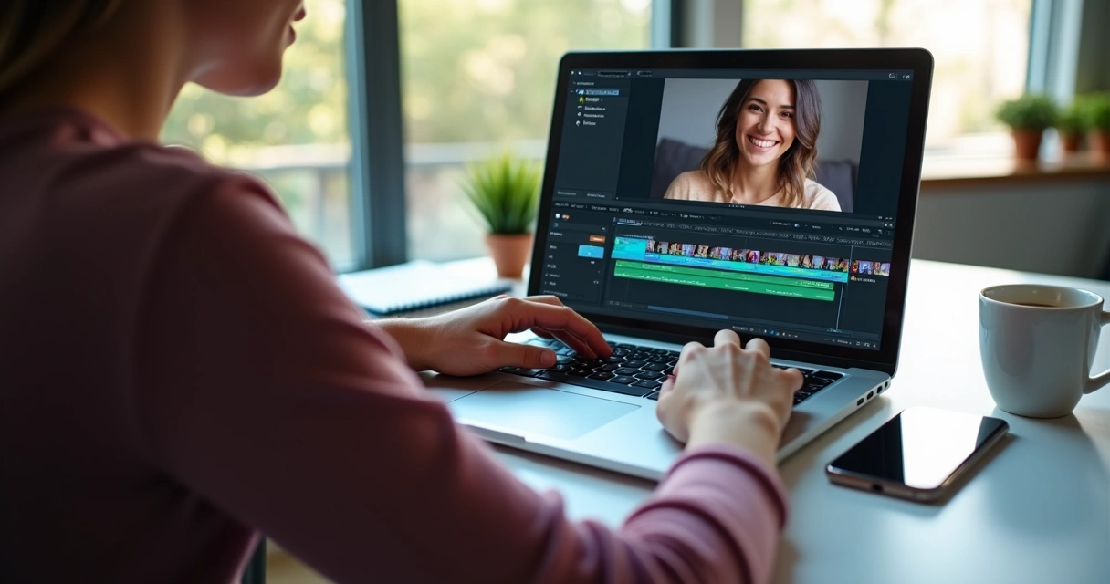 Pessoa usando notebook para editar vídeo sozinho com interface de ferramenta de IA 