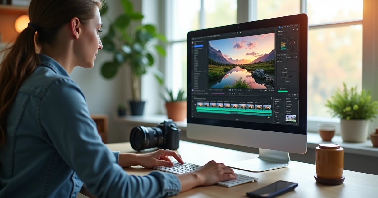 Person using AI video editor in a modern work environment