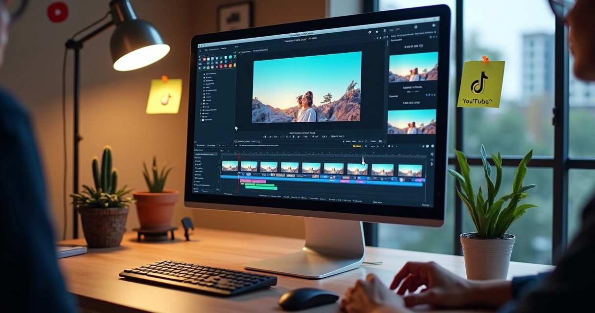Person adapting video in AI editor with formats 16:9, 9:16, and 1:1 on the screens 