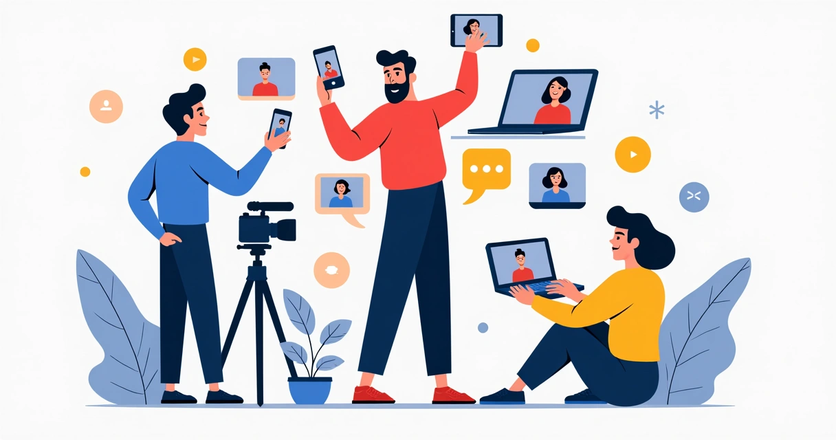 Ilustração de criador de conteúdo mudando de formatos; gravando vídeos curtos, lives e colabs em diferentes dispositivos 