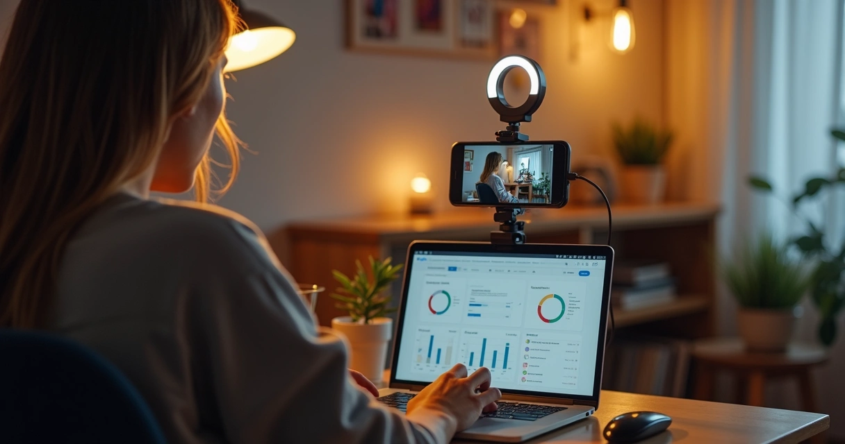 Pessoa gravando vídeo em casa com celular e iluminação ring light 