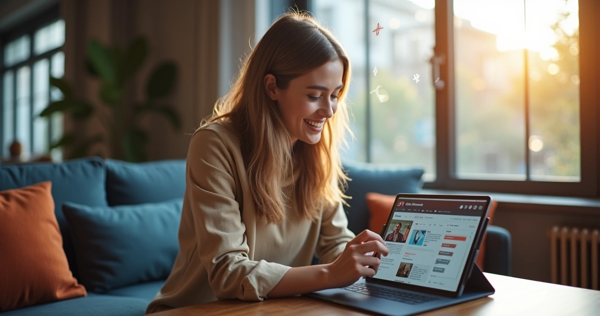Person smiling while viewing video engagement statistics growing on the screen 