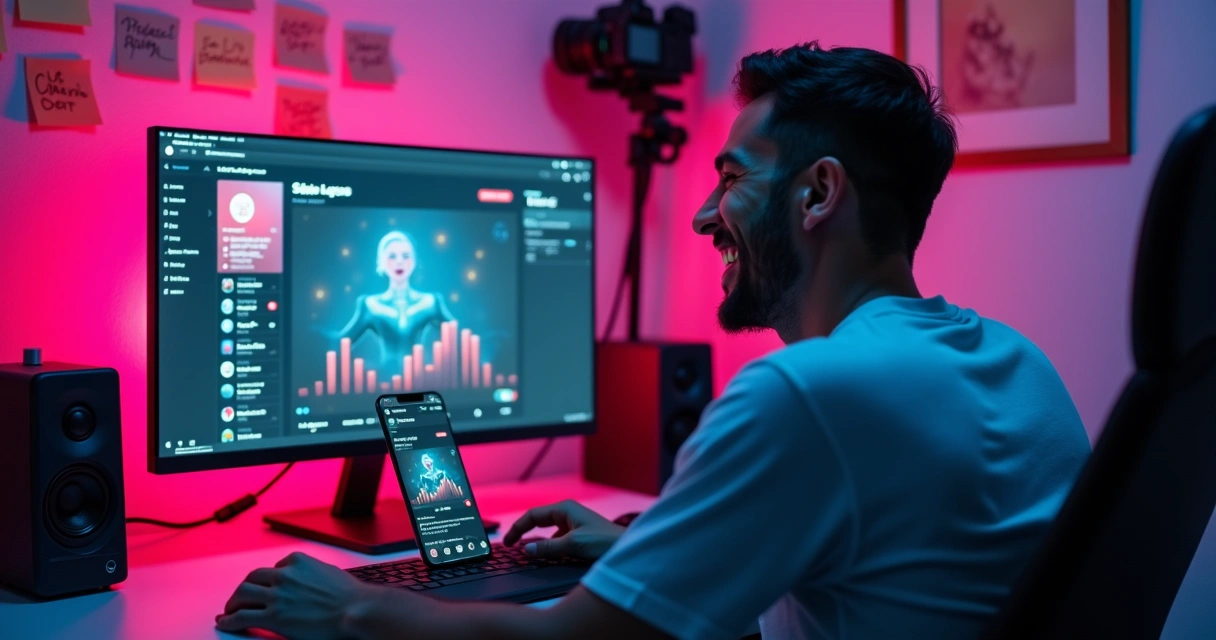 Criador sorrindo ao ver números de visualizações aumentando em vídeo do TikTok. 