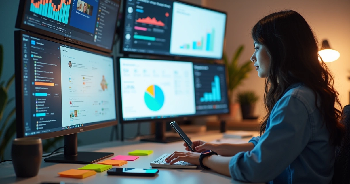 Influenciador digital usando computador enquanto monitora campanhas de marketing e interage com gráficos de desempenho