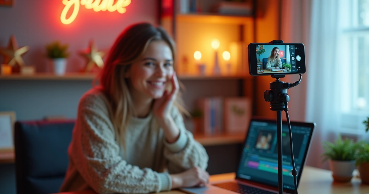 Pessoa gravando vídeo curto com celular em tripé 