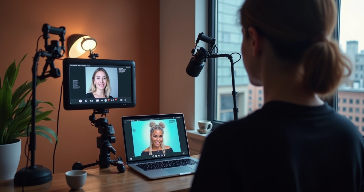 Creator recording vertical video in studio with lights 