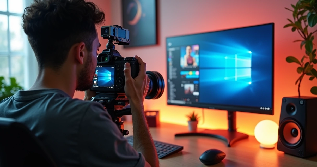 Criador grava vídeo horizontal para Reels com celular e câmera em um estúdio 