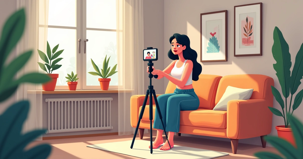Jovem gravando vídeo em casa com luz natural mostrando ambiente autêntico de gravação