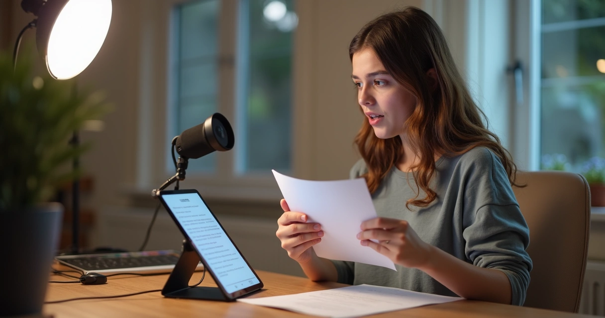 Pessoa gravando vídeo com roteiro de IA em celular 