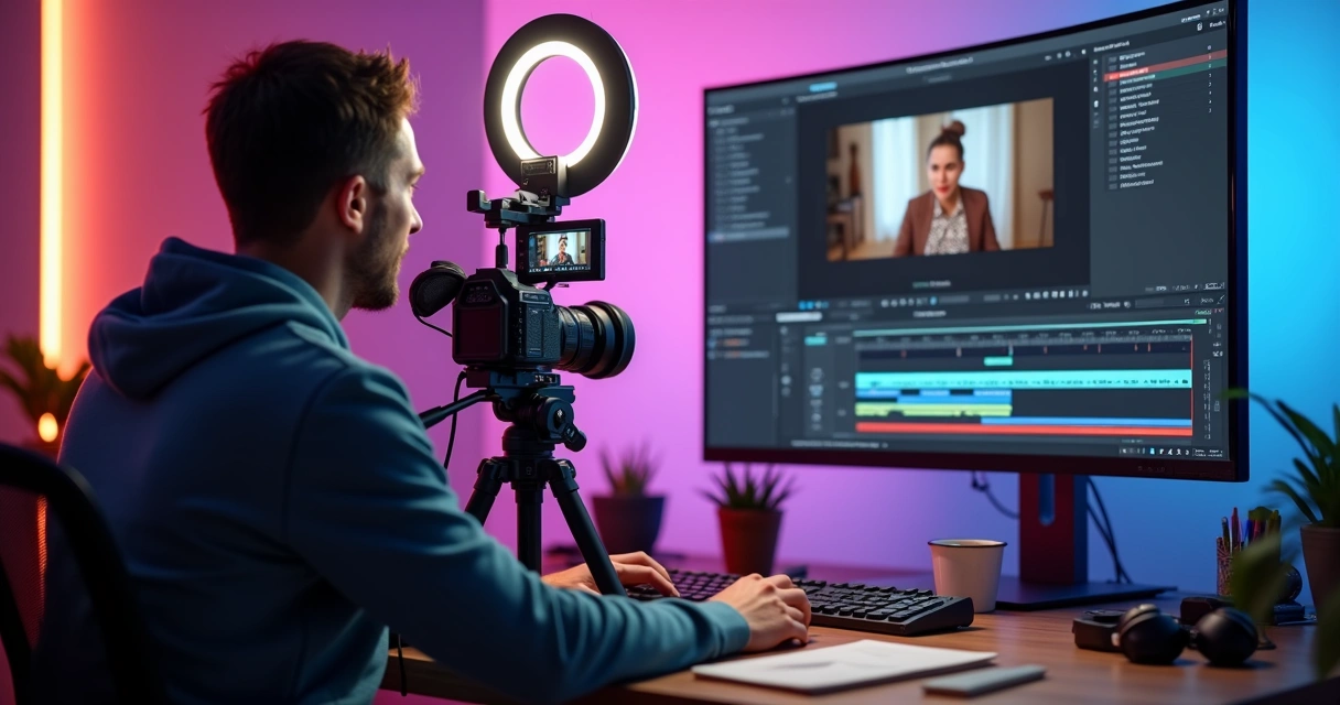 Criador de conteúdo gravando vídeo com câmera 4K e luz de estúdio 