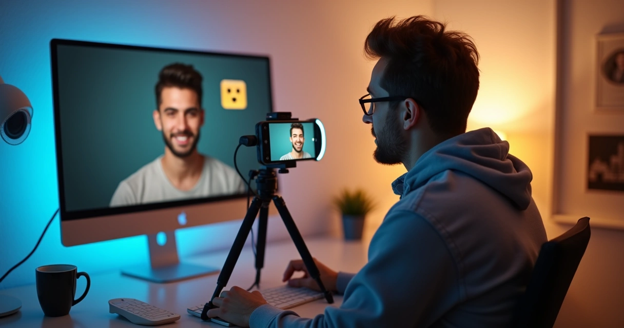 Criador gravando vídeo curto com legenda e emoji em tela 