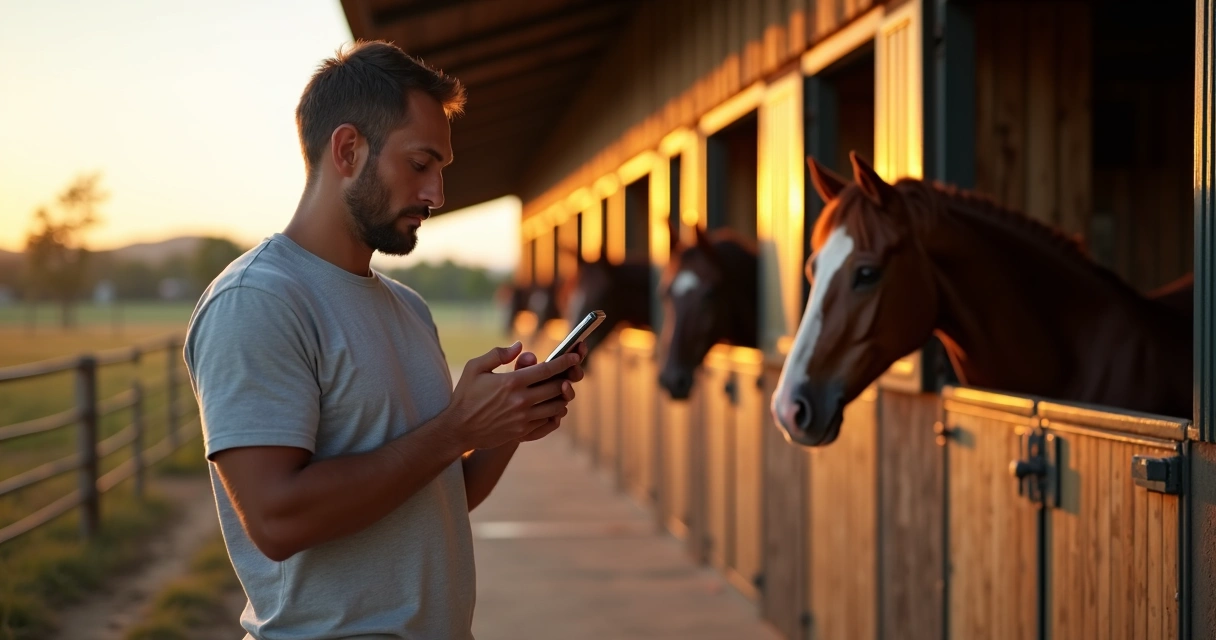 Criador de cavalos consultando dados de linhagem no celular em frente a cocheira