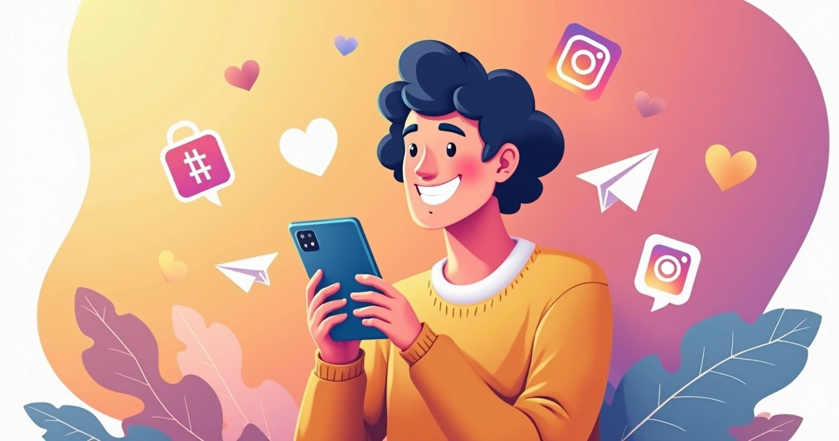 Jovem mexendo no celular, rodeado por ícones do Instagram, como hashtags, corações e balões de comentários. 