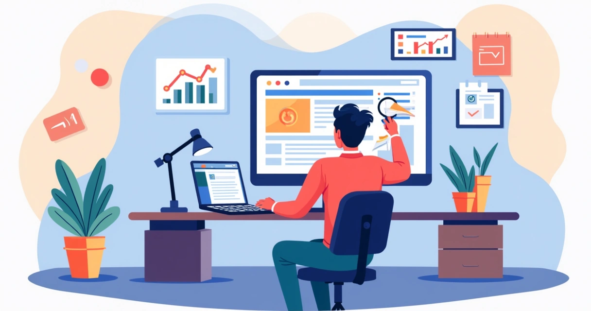 Profissional digital construindo landing page em tela de computador, gráficos de conversão altos 