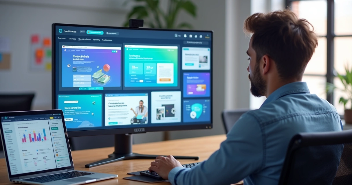 Profissional analisando criadores de landing page em painel moderno de marketing digital 