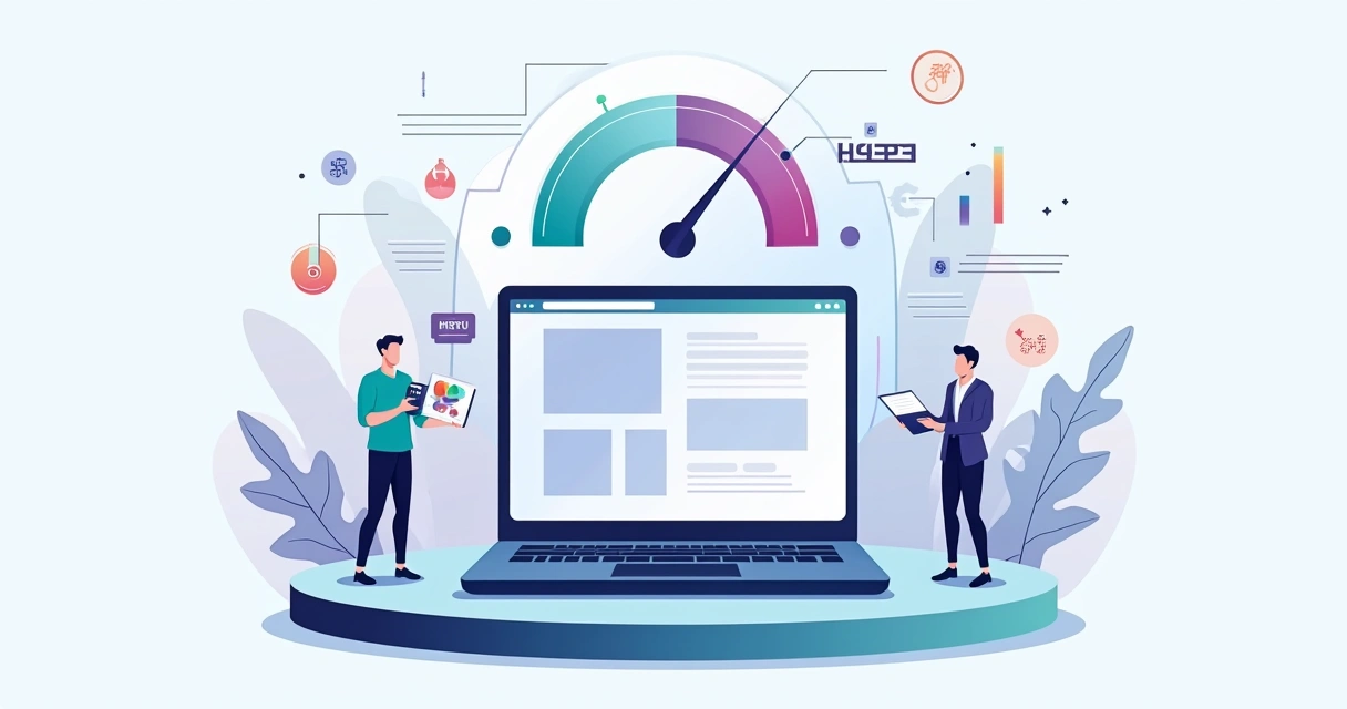 Painel digital exibindo construção de landing page rápida com destaque para velocidade e performance 