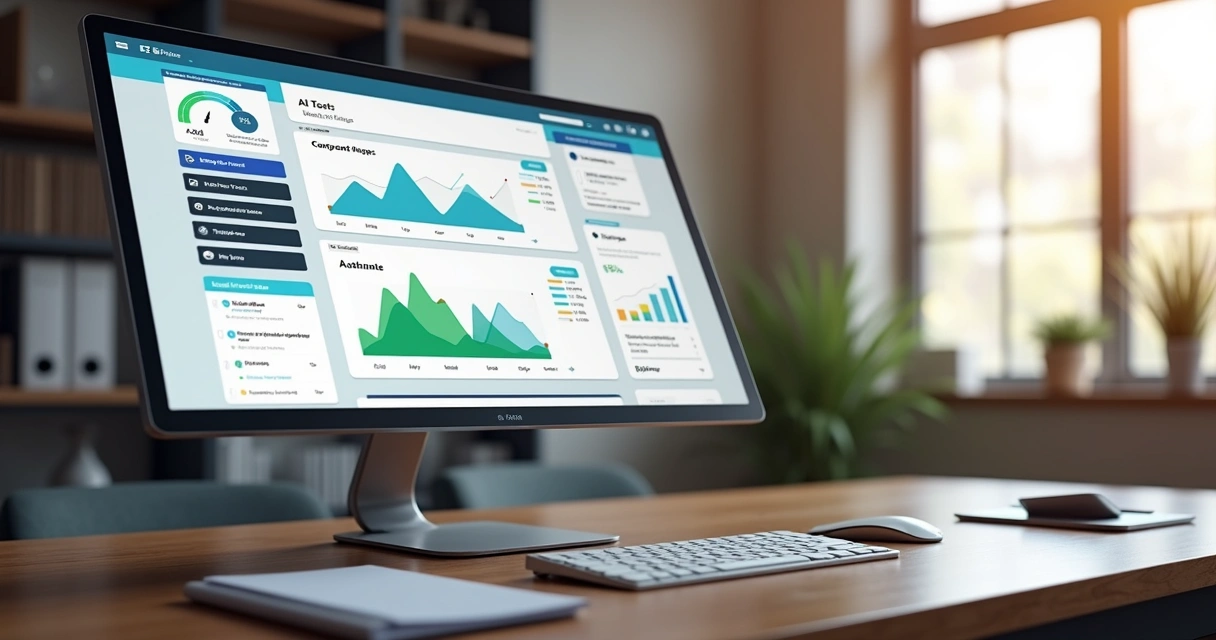 Tela de computador mostrando criação de landing page rápida com gráficos de conversão 