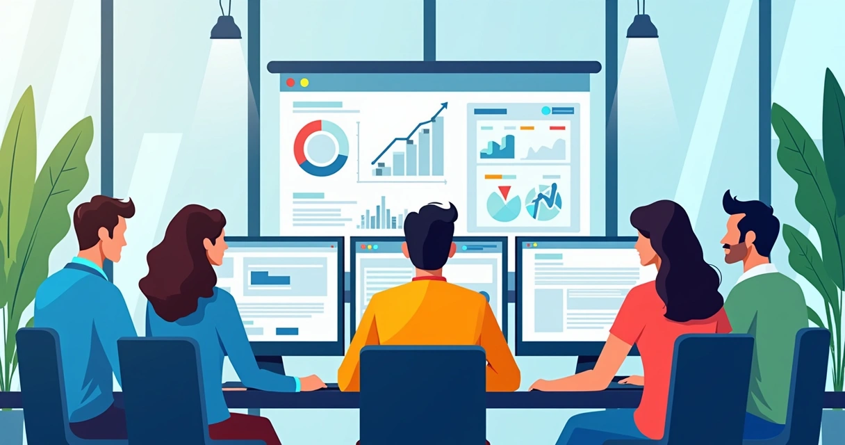 Equipe de agência de marketing digital analisando landing page em computadores modernos, com gráficos de desempenho em telas e ambiente corporativo iluminado 