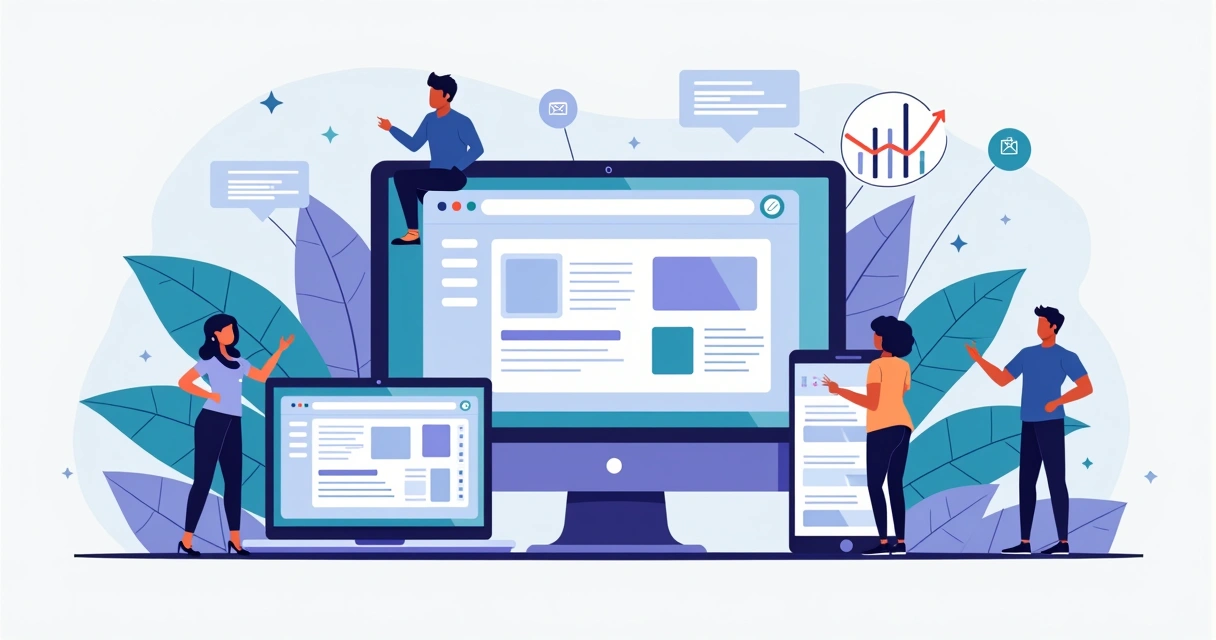 Ilustração de equipe de agência analisando criador de landing pages em vários dispositivos 