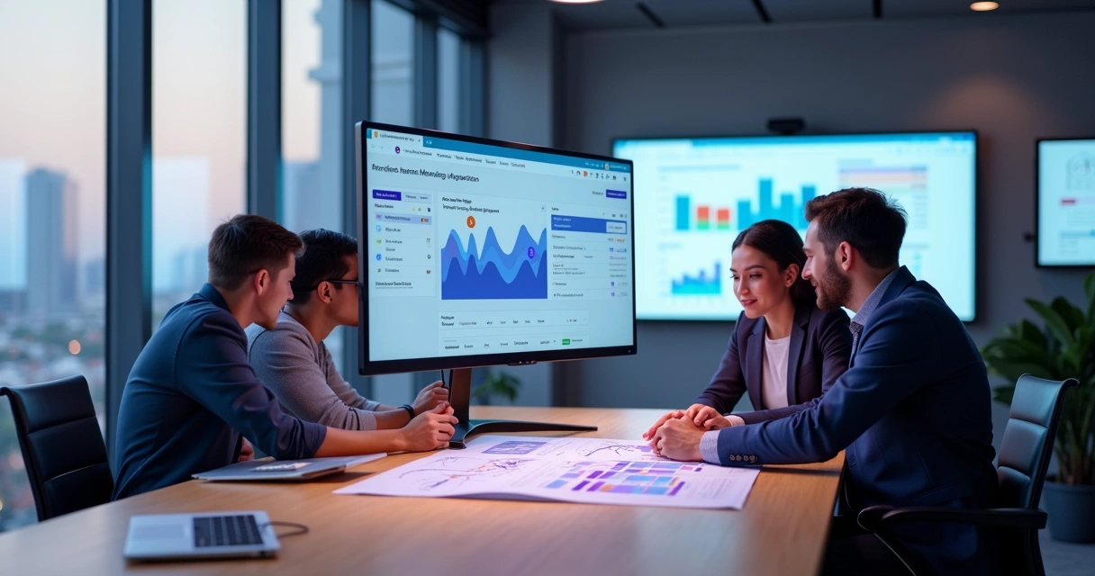 Equipe de agência de marketing criando landing page em tela grande com gráficos de desempenho 