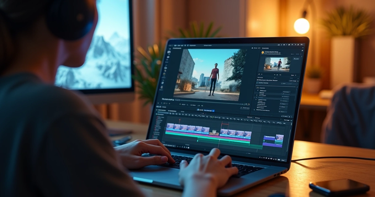 Criador de conteúdo editando vídeo com legendas automáticas 