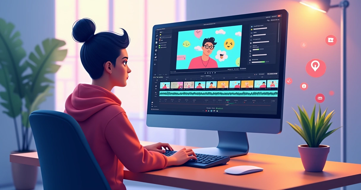 Pessoa cortando vídeo de live com interface digital e legendas 