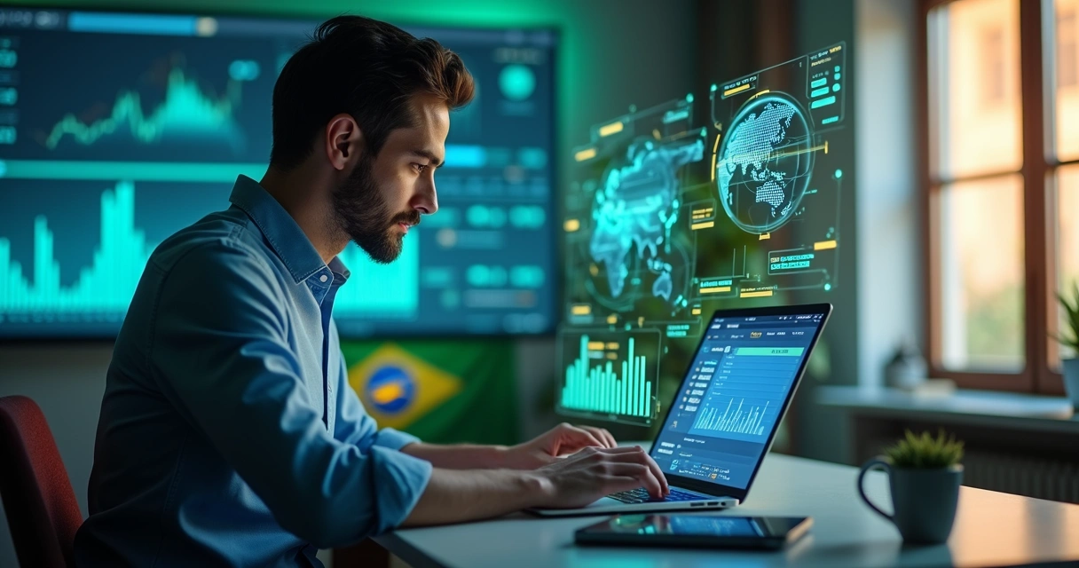 Criador digital usando laptop em ambiente moderno com gráficos de previsões ao redor 