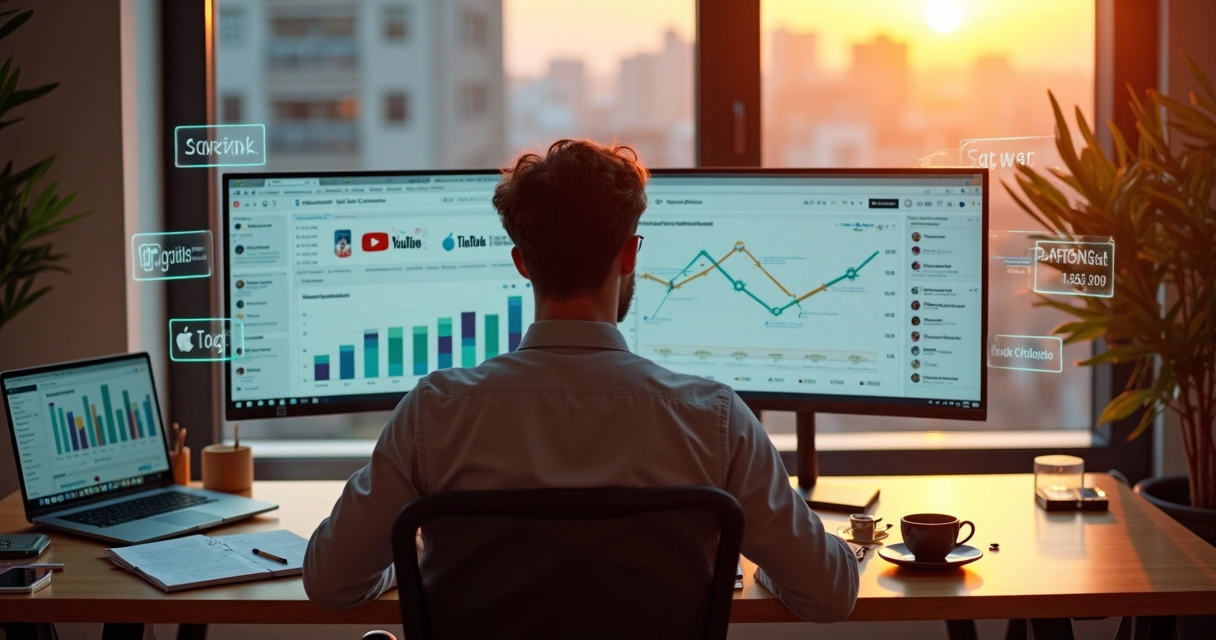 Empreendedor organizando perfis de redes sociais em mesa com ícones digitais 