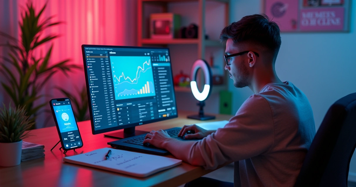Criador de conteúdo analisando ganhos de vídeos curtos no laptop 