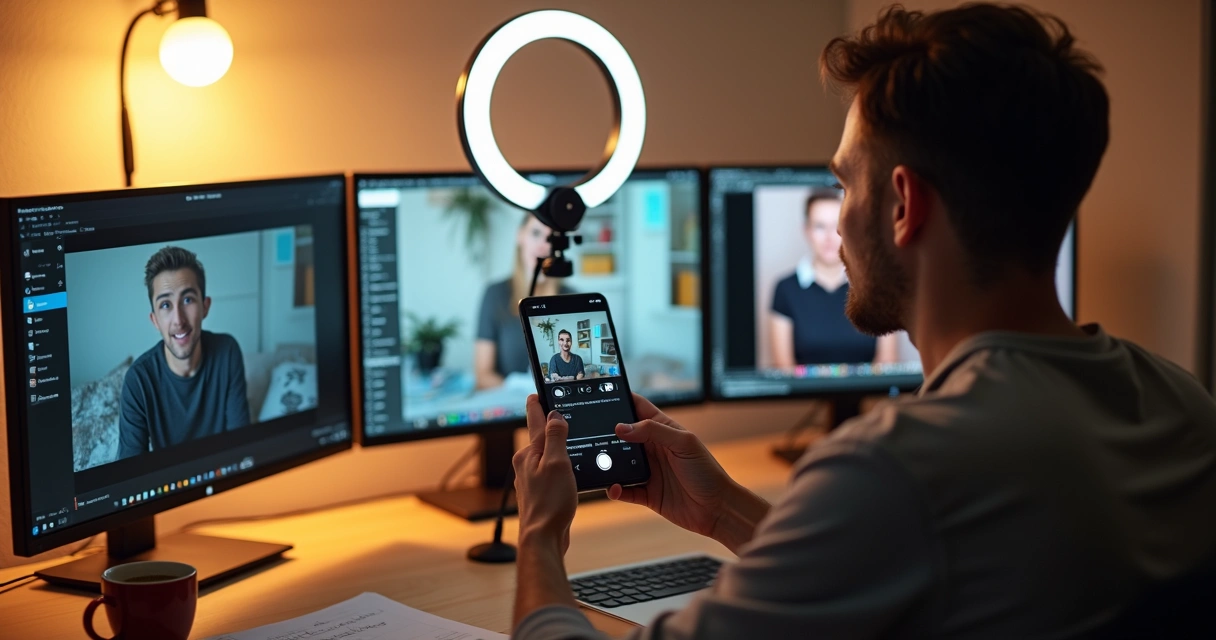 Person recording a video in a home studio, ring light, cellphone, and microphone, with multiple screens showing social media