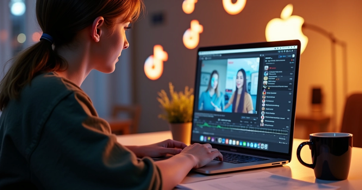 Person editing vertical video on laptop with social media in the background 
